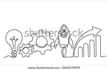Continuous one line drawing of gears, lights idea and rocket launch, ship. Continuous line drawing. Startup business. Vector illustration. Hand drawn one line vector. Editable stroke