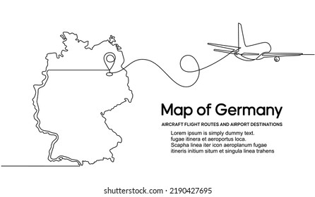 Continuous one line drawing of Germany domestic aircraft flight routes. Germany map icon and airplane path of airplane flight route with starting point location and single line trail in doodle style.