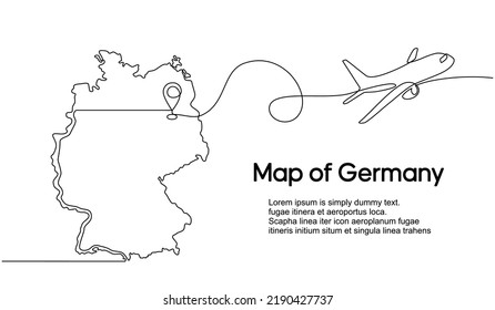 Continuous one line drawing of Germany domestic aircraft flight routes. Germany map icon and airplane path of airplane flight route with starting point location and single line trail in doodle style.