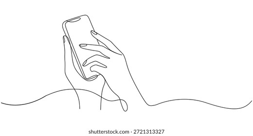 Dibujo continuo de una línea de manos de gesto y toque la pantalla del teléfono inteligente. Hacer historias en línea o streaming en redes sociales. Transacción en línea. Concepto de dispositivo de gadget