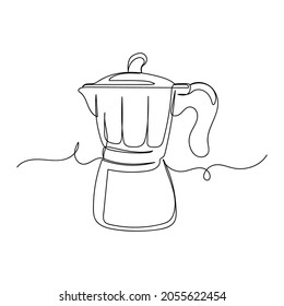 Continuous one line drawing of a geyser coffee maker in silhouette on a white background. Linear stylized.