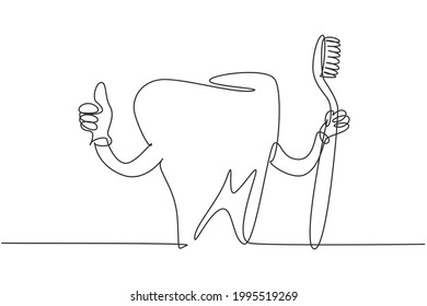 Continuous one line drawing 
giant tooth is holding toothbrush and one of his hands is doing thumbs up gesture. Symbol for dental clinic, oral care. Single line draw design vector graphic illustration