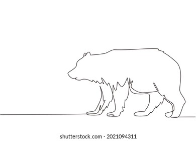 Continuous one line drawing giant bear walking forward in the jungle. Strong wild grizzly brown bear mammal mascot. Dangerous big beast animal. Single line draw design vector graphic illustration