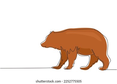 Continuous one line drawing giant bear walking forward in the jungle. Strong wild grizzly brown bear mammal mascot. Dangerous big beast animal. Single line draw design vector graphic illustration