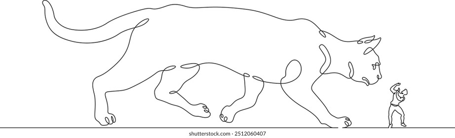 Continuous one line drawing giant cat with a small man. The man is afraid of the big cat. Animals are bigger than humans. One continuous line isolated minimal illustration.