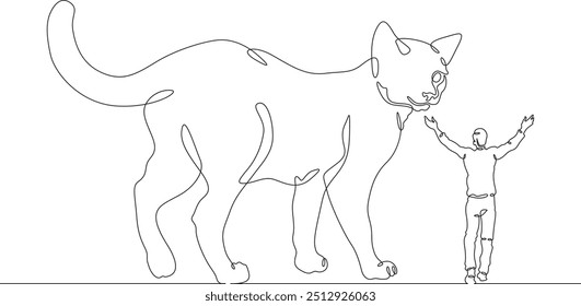 Continuous one line drawing giant cat with a small man. The man is afraid of the big cat. Animals are bigger than humans. One continuous line isolated minimal illustration.