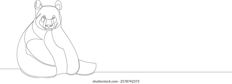 Continuous one line drawing of a giant panda sitting. Horizontal banner vector illustration.