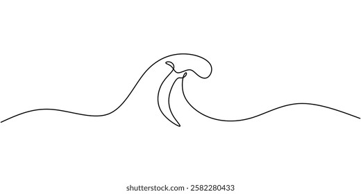 Continuous one line drawing of a giant ocean wave. Symbol of nature force, surfing, and marine life. Vector illustration hand drawn.