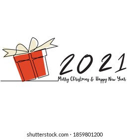 
Continuous one line drawing of gift box and 2021 New Year Christmas text on white background, Vector illustration