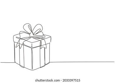 Continuous one line drawing gift box with ribbon. White box wrapped with ribbon on white background. Decorative gift or cardboard box with bow. Single line draw design vector graphic illustration