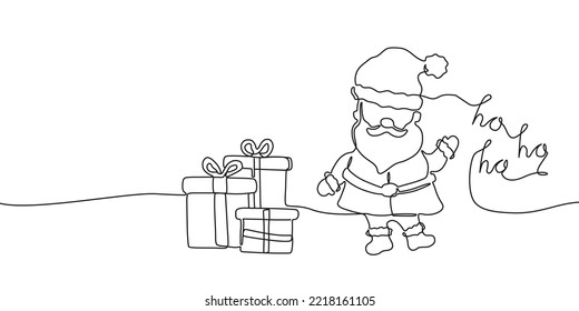 Continuous one line drawing of gift boxes, Santa Claus and ho ho ho. Festive christmas concept in line art style isolated on white background. Vector illustration