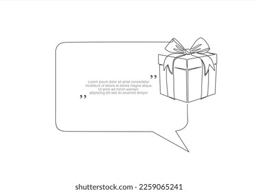Dibujo continuo de una línea de regalo y burbuja del habla. Vector de arte de línea de moda sobre fondo blanco. Ilustración vectorial.