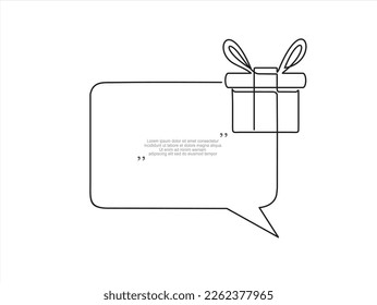 Continuous one line drawing of gift and speech bubble. Trendy line art vector on a white background. Vector illustration.