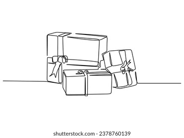 Continuous one line drawing. Gift boxes or Present box with ribbon and bow outline. Simple line art object. Vector illustration isolated on white background. Minimalist design handdrawn.