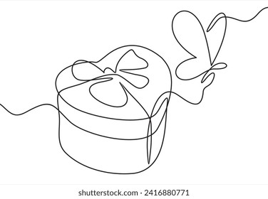 Continuous one line drawing gift box with butterfly. Single line graphic design vector illustration	
