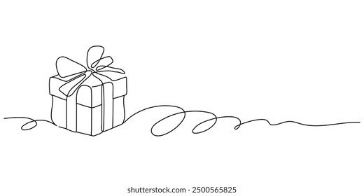 Continuous one line drawing of gift box with ribbon. A surprise for loved ones, a festive element. Decorative gift or cardboard box with a bow. One line draw design vector graphic illustration