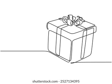 Continuous one line drawing of a gift box. Celebrating the art of gift-giving during the holiday season. Hand-drawn illustration for festive occasions.