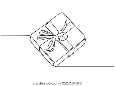 Continuous one line drawing of a gift box. Symbolizing the spirit of giving and celebration during the holidays. Hand-drawn illustration for seasonal decorations.