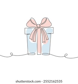 Continuous one line drawing of gift box with ribbon bow. Holiday illustration, line art, greeting card