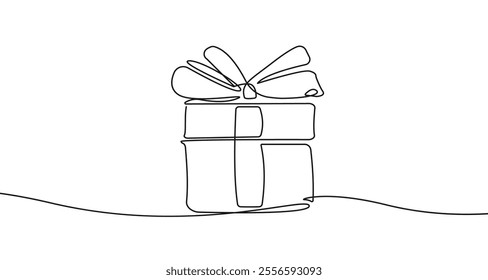 Continuous One Line Drawing of Gift Box. Abstract Single Line Drawing of Christmas Gift. Vector Holiday Minimal Design for Wall Art, Prints, Social Media, Posters, Invitations, Cards. Not AI