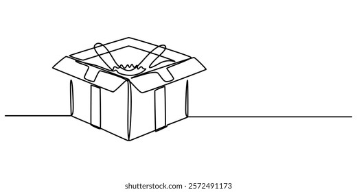 Continuous one line drawing gift box on holiday. Opened decorative box with confetti. Present package with bursting elements, surprise inside. Single line draw design vector graphic, Continuous one.