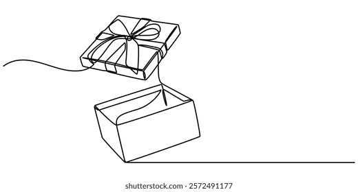 Continuous one line drawing gift box on holiday. Opened decorative box with confetti. Present package with bursting elements, surprise inside. Single line draw design vector graphic, Continuous one.