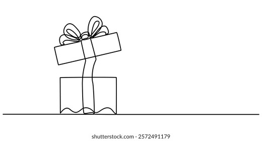 Continuous one line drawing gift box on holiday. Opened decorative box with confetti. Present package with bursting elements, surprise inside. Single line draw design vector graphic, Continuous one.