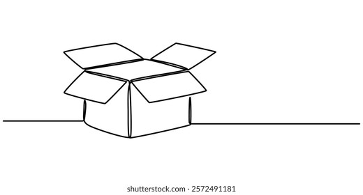 Continuous one line drawing gift box on holiday. Opened decorative box with confetti. Present package with bursting elements, surprise inside. Single line draw design vector graphic, Continuous one.