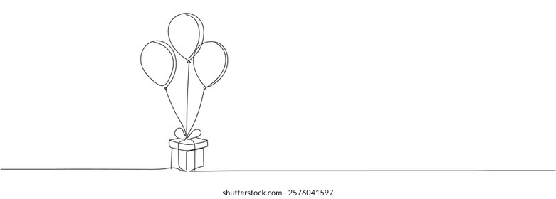 Continuous one line drawing of gift box with balloons. Editable line.
