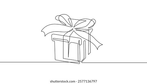 Continuous One Line Drawing of Gift Box. Abstract Single Line Drawing of Christmas Gift. Vector Holiday Minimal Design for Wall Art, Prints, Social Media, Posters, Invitations, Cards. Not AI