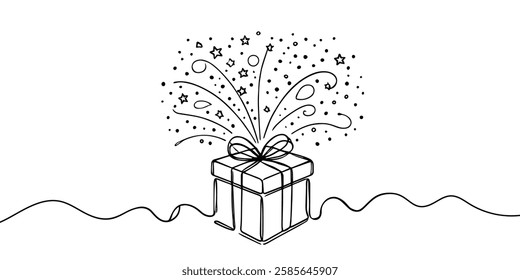 Continuous one line drawing gift box on holiday. Opened decorative box with confetti. Present package with bursting elements, surprise inside. Single line draw design vector graphic, Continuous one.