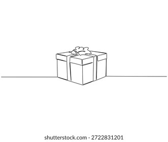 Continuous one line drawing of gift box. One line drawing illustration of present package. Christmas day concept single line. Editable outline

