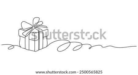 Continuous one line drawing of gift box with ribbon. A surprise for loved ones, a festive element. Decorative gift or cardboard box with a bow. One line draw design vector graphic illustration