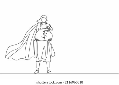 Una línea continua que obtiene gigantescas ganancias del éxito financiero. Héroe de las superempresarias con bolsa de dinero. Metáfora comercial. Éxito, carrera. ilustración vectorial de diseño de línea única