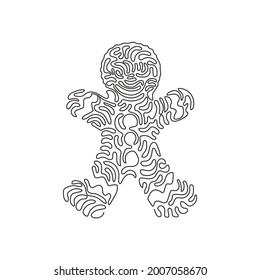 Continuous One Line Drawing Gingerbread Man Icing. Cookie In Shape Of Man. Illustration For Winter Holiday, Cooking, New Year's Eve. Swirl Curl Style. Single Line Design Vector Graphic Illustration