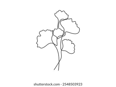 Desenho contínuo de uma linha de ginkgo biloba branch. Elemento floral para convites, cartazes, cartões comemorativos. Ilustração vetorial