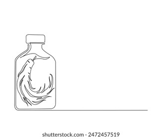 Continuous one line drawing of ginseng root in the bottle. Ginseng in bottle single outline vector design. alchemy liquid, elixirs, and herb drinks concept. Editable stroke.