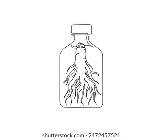 Continuous one line drawing of ginseng root in the bottle. Ginseng in bottle single outline vector design. alchemy liquid, elixirs, and herb drinks concept. Editable stroke.
