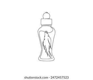 Continuous one line drawing of ginseng root in the bottle. Ginseng in bottle single outline vector design. alchemy liquid, elixirs, and herb drinks concept. Editable stroke.