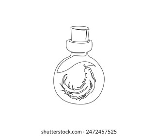 Continuous one line drawing of ginseng root in the bottle. Ginseng in bottle single outline vector design. alchemy liquid, elixirs, and herb drinks concept. Editable stroke.