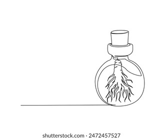 Continuous one line drawing of ginseng root in the bottle. Ginseng in bottle single outline vector design. alchemy liquid, elixirs, and herb drinks concept. Editable stroke.