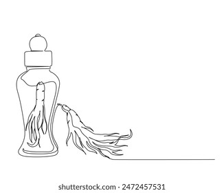 Continuous one line drawing of ginseng root in the bottle. Ginseng in bottle single outline vector design. alchemy liquid, elixirs, and herb drinks concept. Editable stroke.