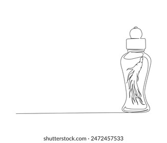 Continuous one line drawing of ginseng root in the bottle. Ginseng in bottle single outline vector design. alchemy liquid, elixirs, and herb drinks concept. Editable stroke.