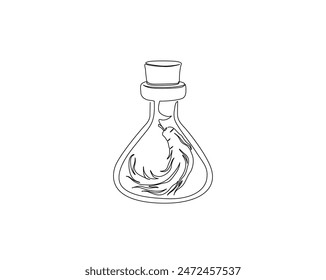 Continuous one line drawing of ginseng root in the bottle. Ginseng in bottle single outline vector design. alchemy liquid, elixirs, and herb drinks concept. Editable stroke.