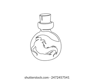 Continuous one line drawing of ginseng root in the bottle. Ginseng in bottle single outline vector design. alchemy liquid, elixirs, and herb drinks concept. Editable stroke.