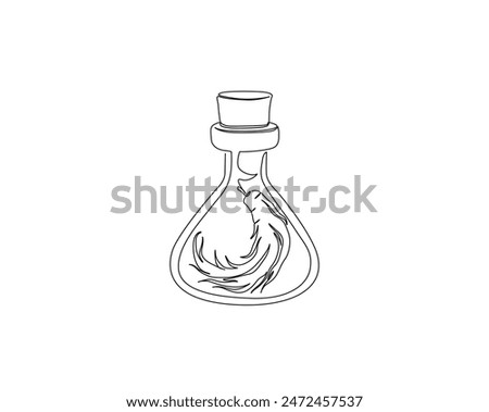 Continuous one line drawing of ginseng root in the bottle. Ginseng in bottle single outline vector design. alchemy liquid, elixirs, and herb drinks concept. Editable stroke.
