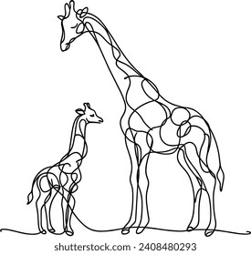 continuous one line drawing of a giraffe with its baby. vector illustration