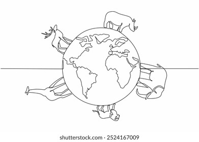 Continuous one line drawing giraffes, elephants, deer, lions, rhinoceros surround globe. Diversity of animals on this beautiful earth. World Wildlife Day. Single line draw design vector illustration