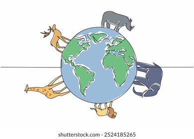 Continuous one line drawing giraffes, elephants, deer, lions, rhinoceros surround globe. Diversity of animals on this beautiful earth. World Wildlife Day. Single line draw design vector illustration