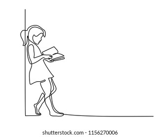 Continuous one line drawing. Girl reading book. Back to school concept. Vector illustration